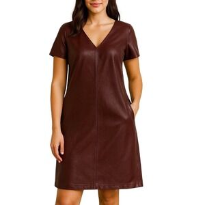 Calvin Klein Women's Work Dress Size M Burgundy Faux Leather Panel V Neck‎